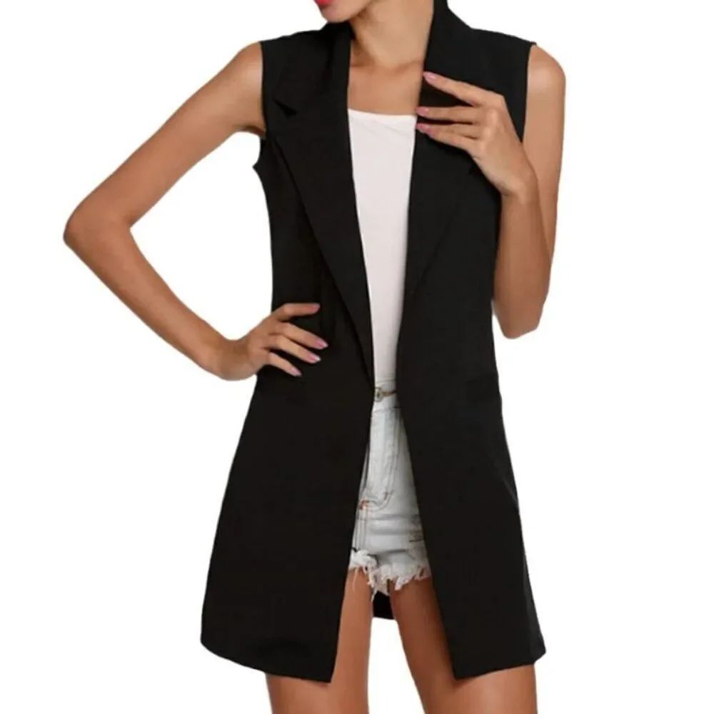 Black Lapel Sleeveless Long Vest Blazer Jacket in Size S/M